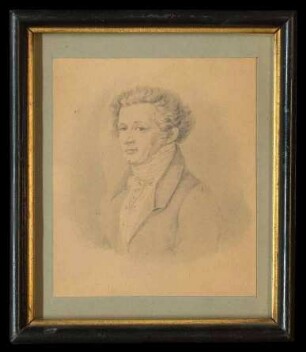 Zeichnung von Ernst Friedrich Ludwig Robert-Tornow (1778-1832), Bruder der Rahel Robert, später Varnhagen von Ense, auf der Rückseite genealogische Angaben, 14 cm hoch x 12 cm breit, im Glasrahmen