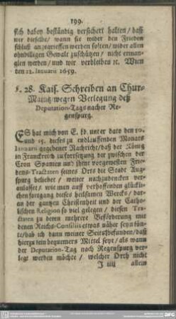 §. 28. Kais. Schreiben an Chur-Maintz, wegen Verlegung deß Deputation-Tags nacher Regenspurg
