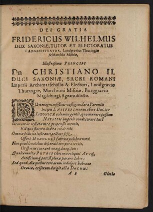 Fridericus Wilhelmus Dux Saxoniae .... Illustrißimo Principi Dn Christiano II. Duci Saxoniae ...
