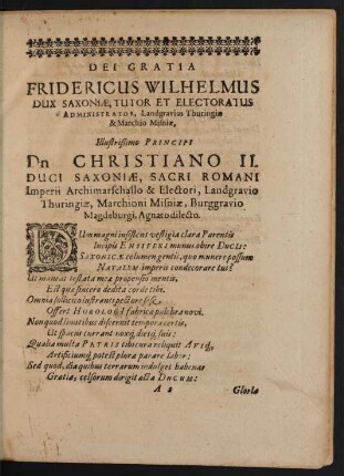 Fridericus Wilhelmus Dux Saxoniae .... Illustrißimo Principi Dn Christiano II. Duci Saxoniae ...