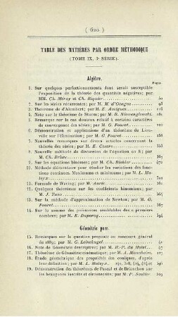 Table des matières par ordre méthodique (Tome IX, 3° série).