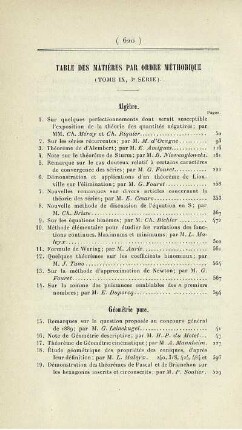 Table des matières par ordre méthodique (Tome IX, 3° série).