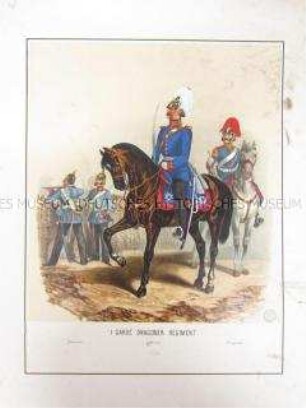 Uniformdarstellung, Dragoner, Offizier und Trompeter des 1. Garde-Dragoner-Regiments zu Pferd, Preußen, 1864. Tafel 31 aus: Schindler: Militair-Album.