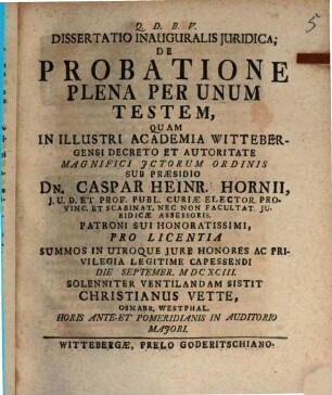 Dissertatio Inauguralis Iuridica; De Probatione Plena Per Unum Testem