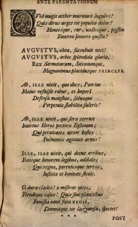 Ode In Gloriosissimvm Obitvm Divi Friderici Avgvsti Regis Poloniarvm Et Principis Electoris Saxoniae Inter Parentalia Ad Decantandvm Exhibita