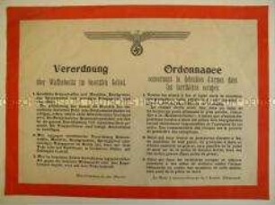 Maueranschlag für die besetzten Gebiete in Westeuropa mit der Verordnung über Waffenbesitz im besetzten Gebiet (zweisprachig)