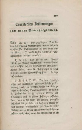 Transitorische Bestimmungen zum neuen Proceßreglement.