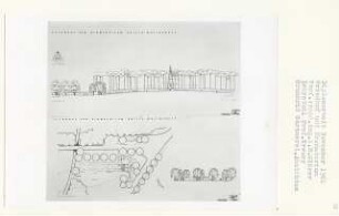 Friedhof und Krematorium, Berlin-Mariendorf (Diplomarbeit bei Willy Kreuer): Haupteingang, Gärtnerei, Grundriss, Ansichten vom Nebeneingang, von Westen und Südwesten 1:200