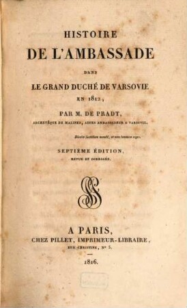 Histoire de l'Ambassade dans le grand Duché de Varsovie en 1812