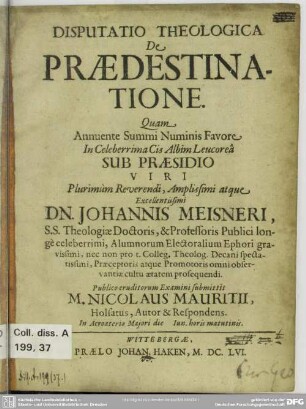 Disputatio theologica de praedestinatione