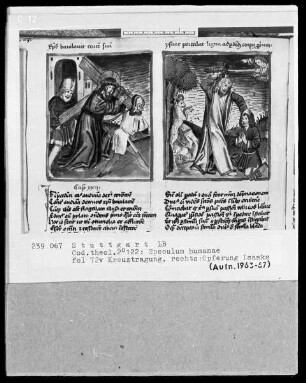 Zwei Schriften — Speculum humanae salvationis — Textseite mit zwei Miniaturen, Folio 72verso