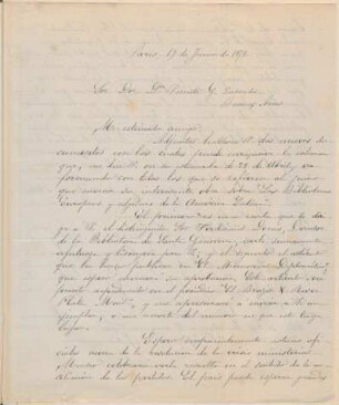 [Carta de Mariano Balcarce a Vicente Quesada en español, París, 19 de junio de 1878]