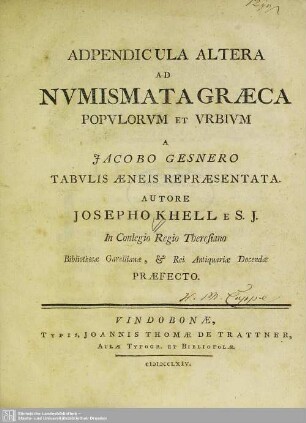 Adpendicula Altera Ad Mvmismata Græca Popvlorvm Et Vrbivm : A Jacobo Gesnero Tabulis Aeneis Repraesentata
