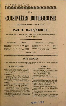 La cuisinière bourgeoise : comédie-vaudeville en deux actes