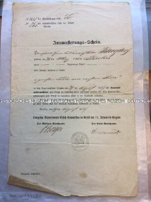 Ausmusterungsbescheid der Königlichen Departements Ersatz-Kommission zu Berlin für Carl Friedrich Anton Burgdorf