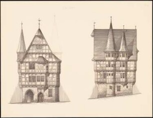 Rathaus, Alsfeld: Aufriss Rückansicht, südliche Giebelansicht 1:100 (vgl. Inv.Nr. 5484, 5486)