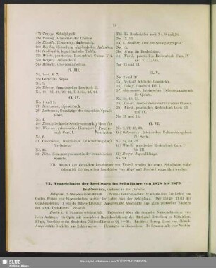 VI. Verzeichniss der Lectionen im Schuljahre von 1878 bis 1879