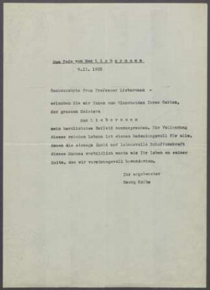 Brief von Georg Kolbe an Martha Liebermann