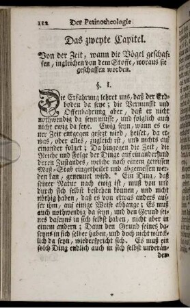 Das zweyte Capitel. Von der Zeit, wann die Vögel geschaffen, ingleichen von dem Stoffe, woraus sie geschaffen worden.