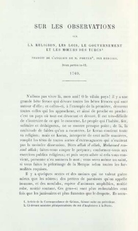 Sur les Observations sur la Religion, les lois, le gouvernement et les moeurs des Turcs