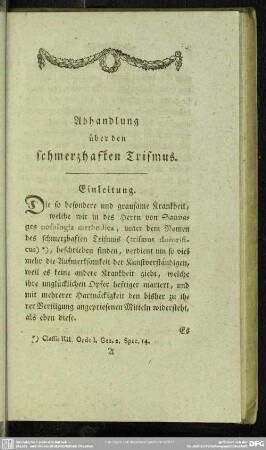 Einleitung. Abhandlung über den schmerzhaften Trismus