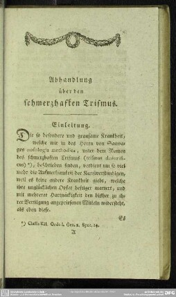 Einleitung. Abhandlung über den schmerzhaften Trismus