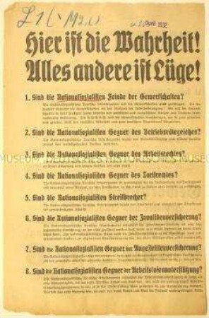 Programmatischer Wahlaufruf der Nationalsozialistischen Deutschen Arbeiterpartei in 12 Punkten gegen oppositionelle antinazistische Behauptungen