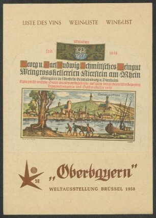 Liste des vins / Georg u. Karl Ludwig Schmitt'sches Weingut, Weingrosskellereien Nierstein am Rhein : "Oberbayern", Weltausstellung Brüssel 1958