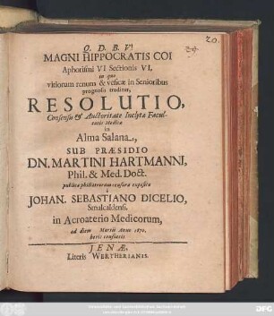 Magni Hippocratis Coi Aphorismi VI Sectionis VI, in quo vitiorum renum & vesicae in Senioribus prognosis traditur, Resolutio