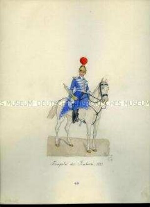 Uniformdarstellung, Trompeter der Reiterei zu Pferd, 1823. Aus: Sammelmappe "Sachsens Militär", Königliche Arsenalsammlung.