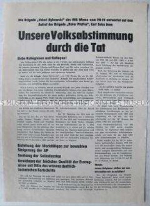 Propagandaflugblatt zur Volkskammerwahl 1963 mit dem Aufruf einer Brigade aus dem VEB Wema