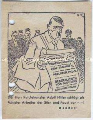 Handzettel mit einer Karikatur auf Hitler und Wahlpropaganda der SPD zur Reichstagswahl am 5. März 1933