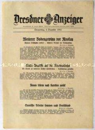 Nachrichtenblatt "Dresdner Anzeiger" u.a. zu Stuka-Angriffen auf die Murmanbahn und Bodengewinn vor Moskau