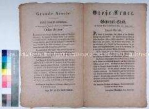 Bekanntmachung des Generalstabes der französischen Armee vom 2. November 1806 über die Kriegsereignisse bei Küstrin, Anklam und Zehdenick während des 4. Koalitionskrieges (in deutscher und französischer Sprache)