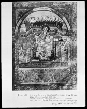 Codex Aureus von Sankt Emmeram (aus der Hofschule Karls des Kahlen) — Thronender und schreibender Evangelist Markus, Folio 65recto