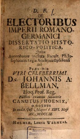De electoribus imperii Romano-Germanici dissertatio historico-politica