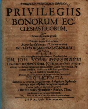 Disp. inaug. iur. de privilegiis bonorum ecclesiasticorum