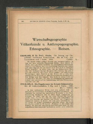 Wirtschaftsgeographie Völkerkunde u. Anthropogeographie. Ethnographie. - Reisen.