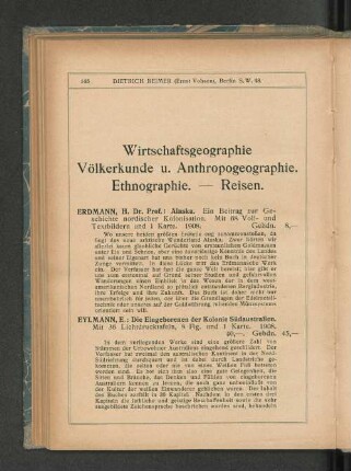 Wirtschaftsgeographie Völkerkunde u. Anthropogeographie. Ethnographie. - Reisen.