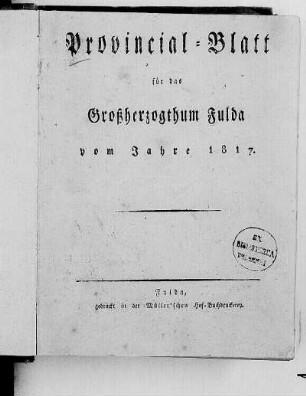 1817: Provinzial-Blatt für das Großherzogthum Fulda