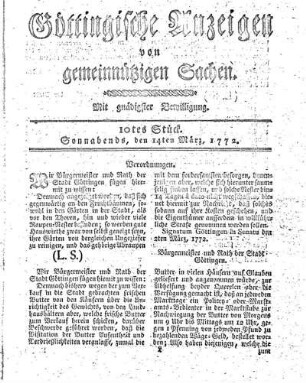 10tes Stück. Sonnabends, den 14ten März, 1772.