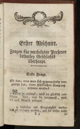Erster Abschnitt. Fragen für verehelichte Personen beiderley Geschlechts überhaupt.