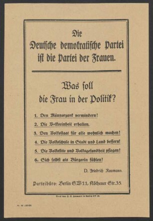 Die Deutsche demokratische Partei ist die Partei der Frauen