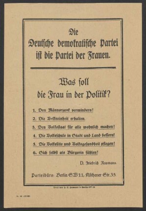 Die Deutsche demokratische Partei ist die Partei der Frauen