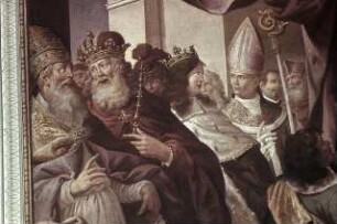 Der heilige Benedikt gibt die Ordensregel im Beisein des Papstes und des Kaisers