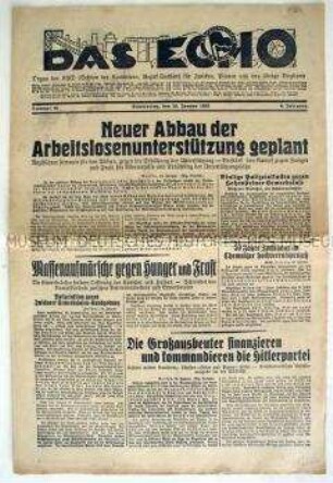 Regionale KPD-Zeitung "Das Echo" u.a. zum geplanten Abbau der Arbeitslosenunterstützung