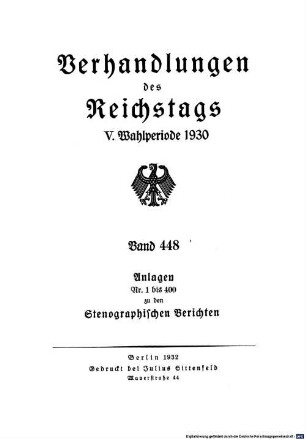 Verhandlungen des Reichstages. Stenographische Berichte. 448, 448. 1930