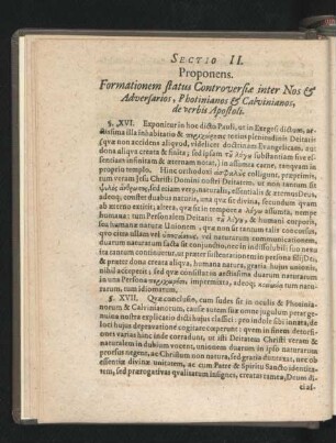 Sectio II. Proponens. Formationem status Controversiae inter Nos & Adversarios ...