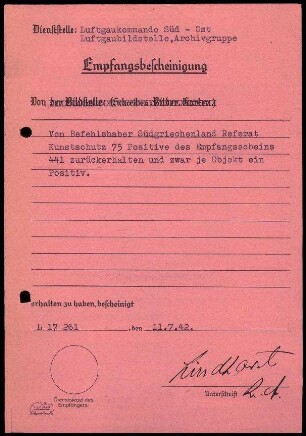 Empfangsbescheinigung der Luftgaukommando Süd-Ost
