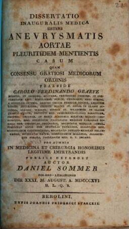 Diss. inaug. med. sistens aneurysmatis aortae pleuritidem mentientis casum